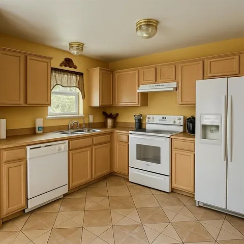a kitchen with a stove top oven sink and cabinets