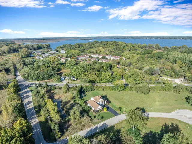 an aerial view of residential houses with outdoor space and trees