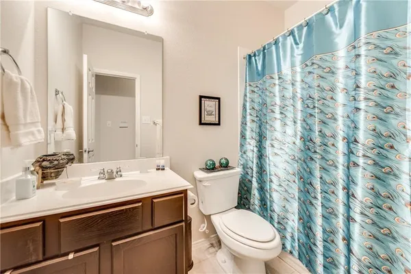 a bathroom with a sink a toilet a mirror and shower curtain
