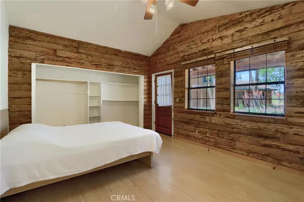 a view of a yard with plants and trees