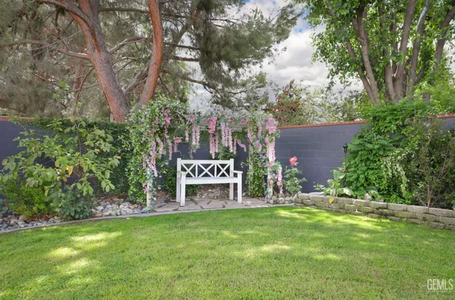 a view of a big yard with plants and large trees