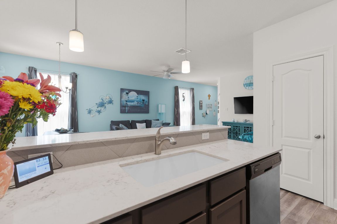 237 Benmyrtle Trail Georgetown, TX 78626 - Photo 22 of 22 Kitchen featuring dishwasher, pendant lighting, open floor plan, light stone counters, and light wood-type flooring
