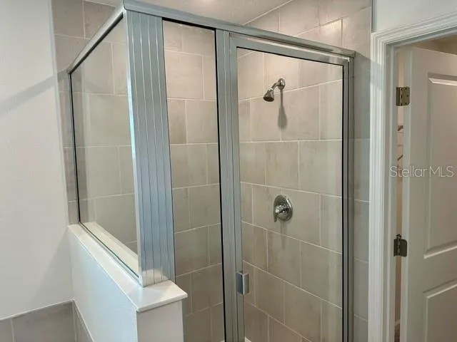 a bathroom with a shower and a mirror