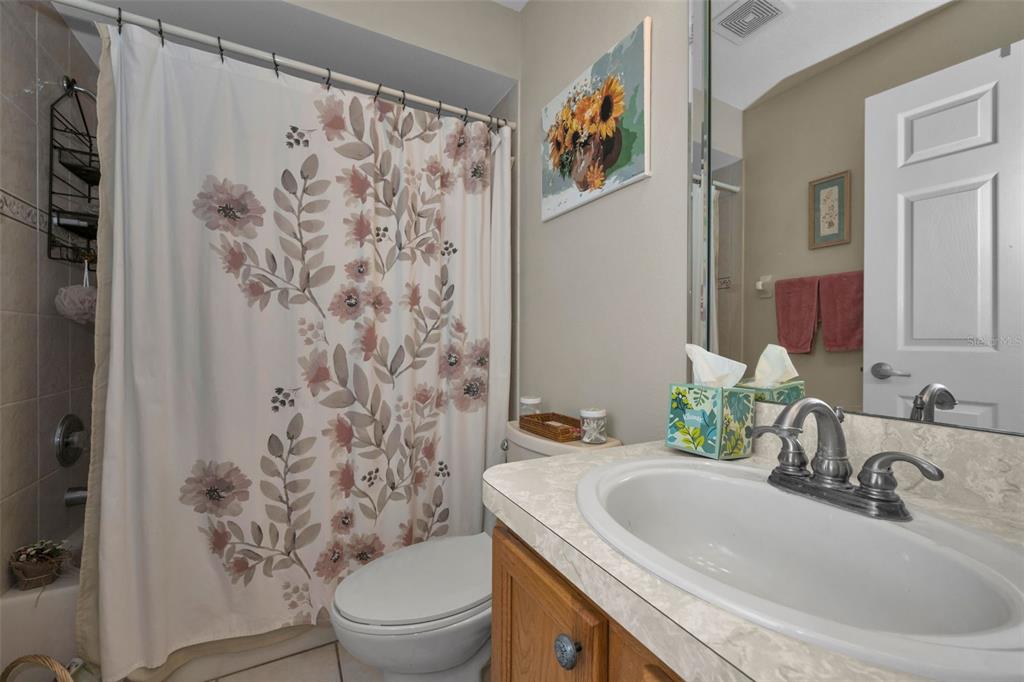9630 Green Needle Drive New Port Richey, FL 34655 - Photo 34 of 83 a bathroom with a sink a toilet and shower curtain