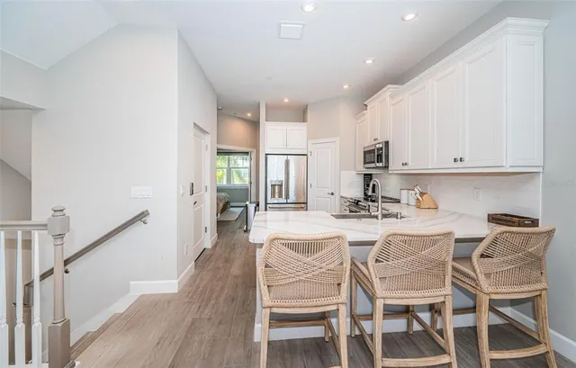 a view of a dining room with furniture