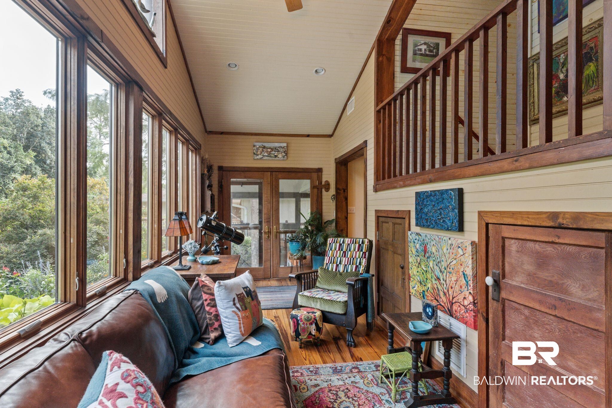 16451 Honey Road Summerdale, AL 36580 - Photo 21 of 55 Sunroom with french doors, wood finished floors, vaulted ceiling, and wooden walls