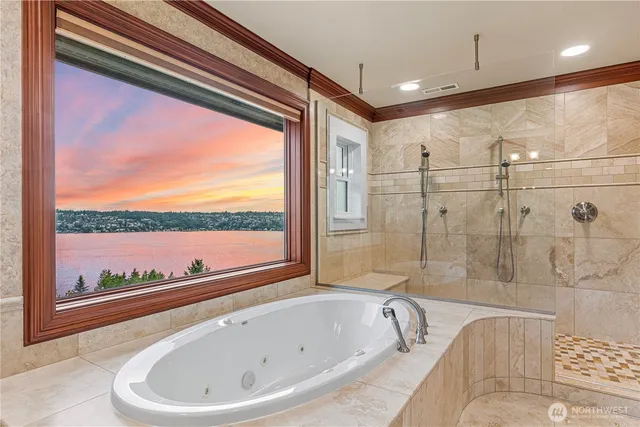 a bathroom with a bathtub and a shower