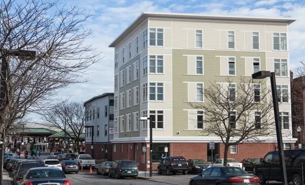 a front view of a building with street view