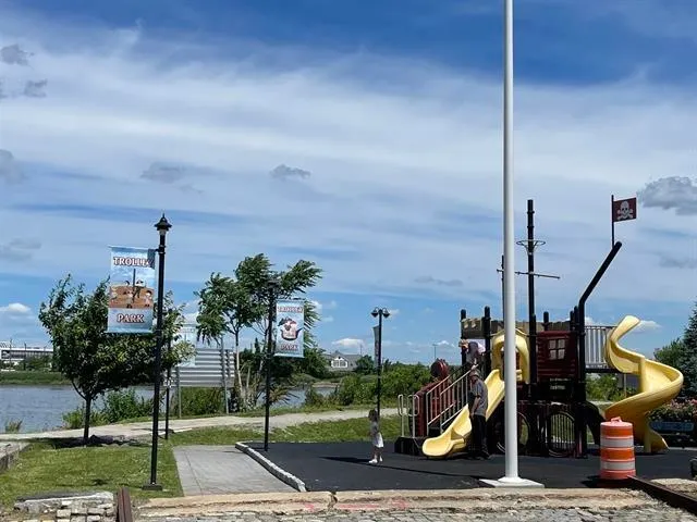 an aerial view of a house with a garden and lake view