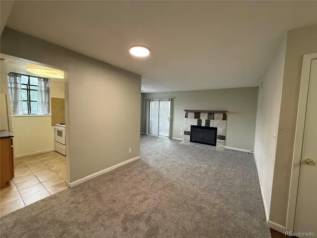 a view of empty room with a fireplace and cabinet