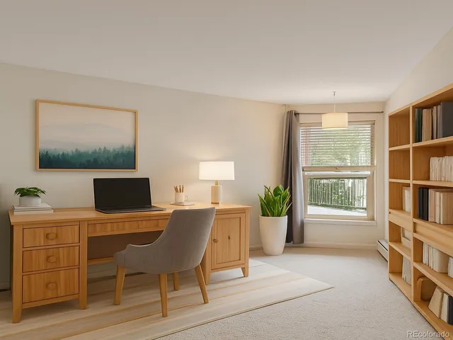 a view of a workspace with furniture and a window