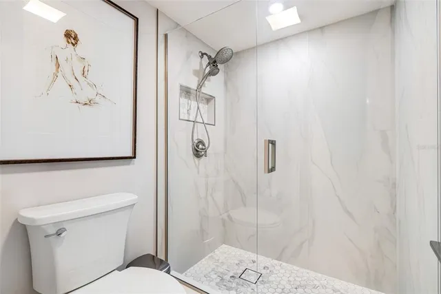 a bathroom with a shower and toilet