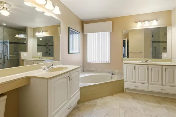 a bathroom with a tub a sink and a large mirror