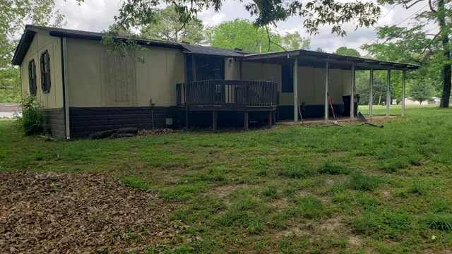 a view of a backyard with potted plants and large trees
