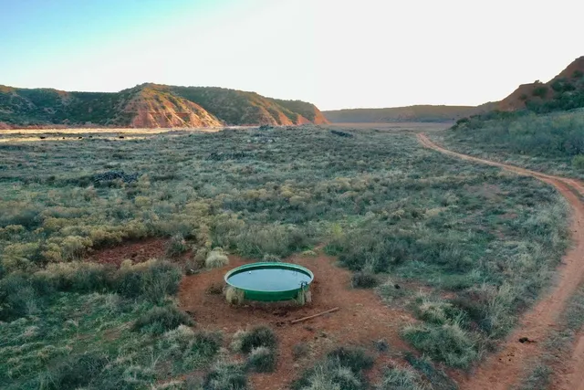 a view of a field with an ocean