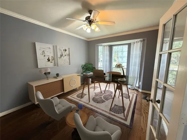 a view interior of a house with wooden floor and a kitchen