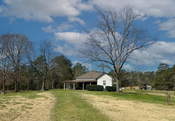 a front view of a house with a garden and trees