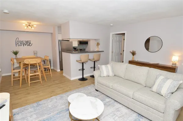 a living room with furniture and a potted plant