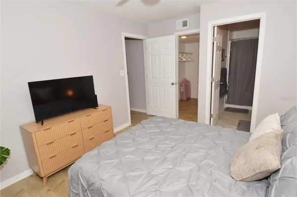 a view of a park with large trees