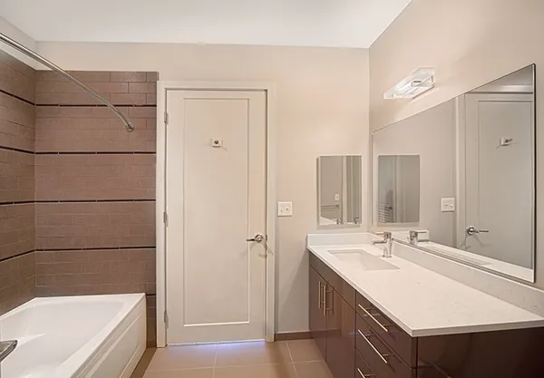 a bathroom with a tub sink shower and mirror