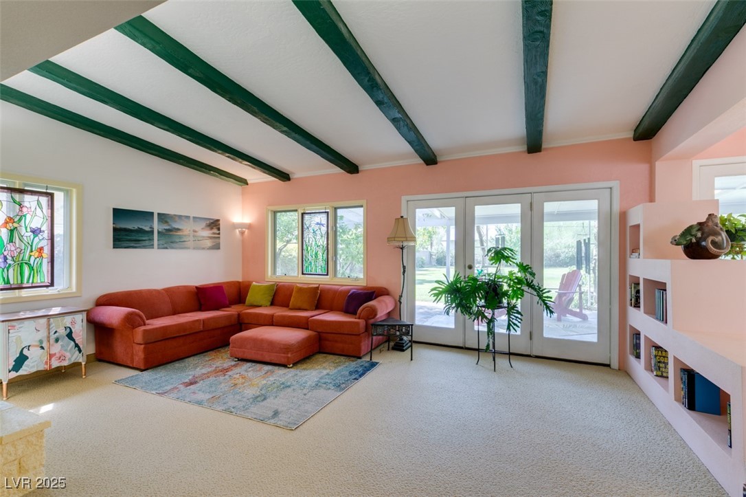 4087 Pleasant Road Las Vegas, NV 89108 - Photo 4 of 74 Living area with carpet floors and beamed ceiling