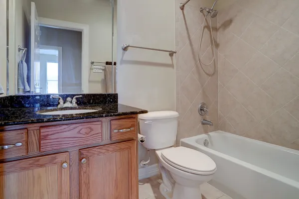 a bathroom with a granite countertop sink toilet and shower