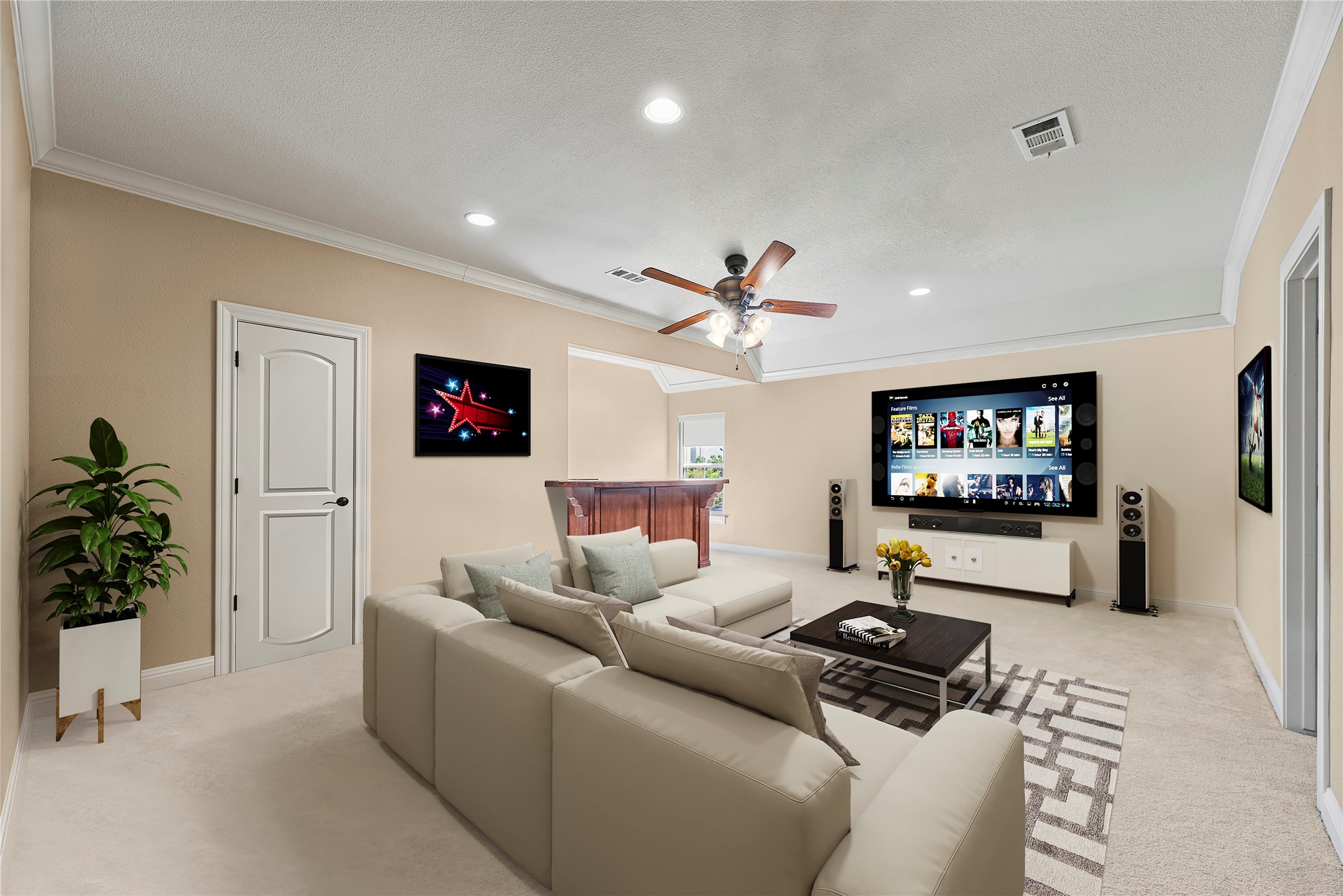 3550 Windrose Drive Beaumont, TX 77706 - Photo 36 of 50 Virtually staged to showcase the spacious layout, built-in bar area, and entertainment potential of this impressive media room — ideal for movie nights, gaming, and gatherings with family and friends.