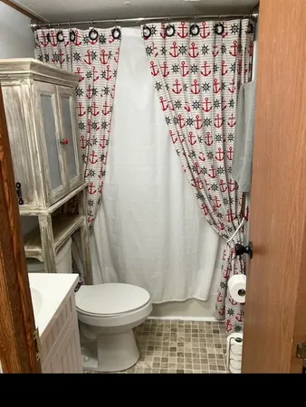 a bathroom with a toilet and shower curtain