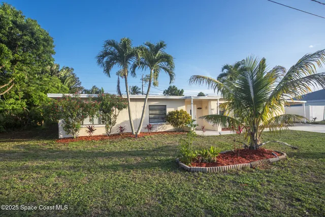 a view of a palm trees front of house
