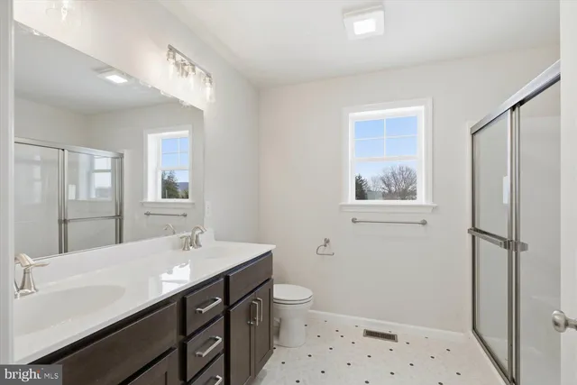 a bathroom with a sink a toilet a shower and a mirror