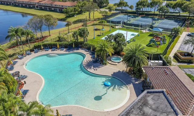 an aerial view of a swimming pool