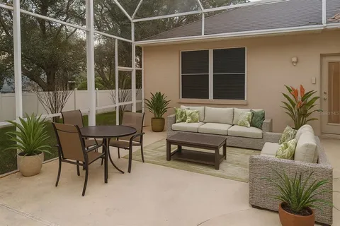 a building outdoor space with patio furniture