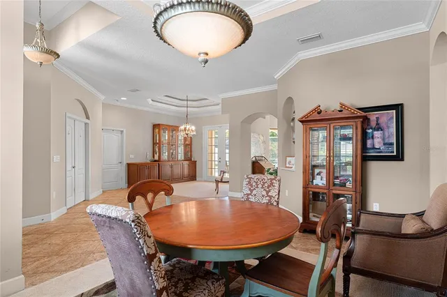 a view of a dining room with furniture