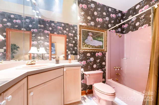 a bathroom with a sink a toilet a mirror and shower