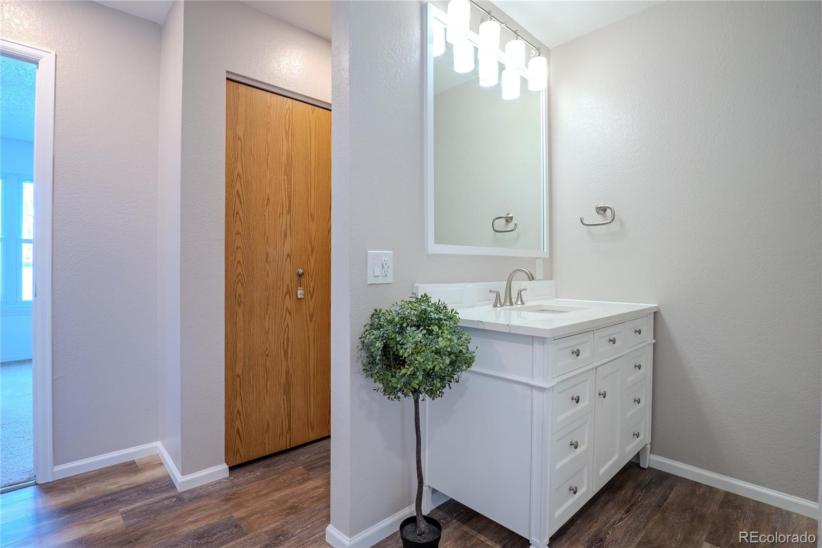 6315 Oak Street, Unit 2 Arvada, CO 80004 - Photo 16 of 34 a bathroom with a sink a potted plant and a mirror