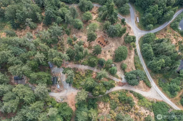 an aerial view of residential house with outdoor space and trees all around