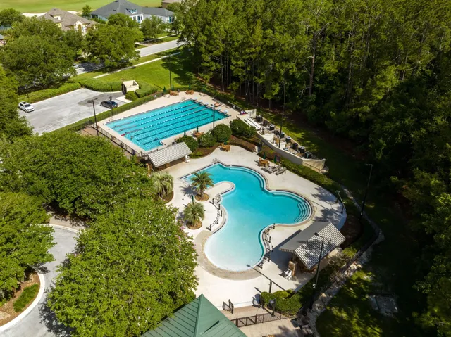 a view of a swimming pool with lawn chairs and plants