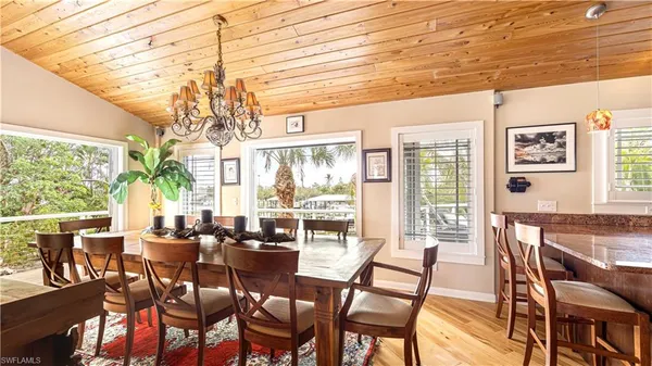 a view of a dining room with furniture wooden floor and chandelier