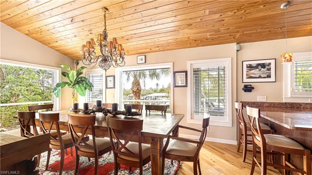 a view of a dining room with furniture wooden floor and chandelier