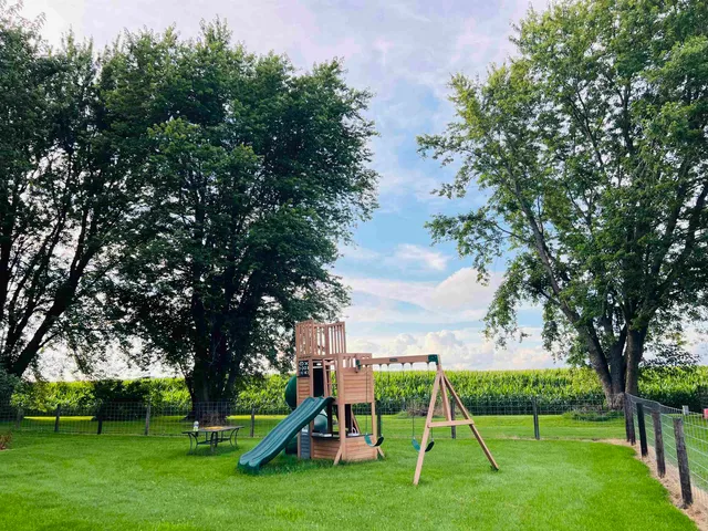 a view of a park with large trees