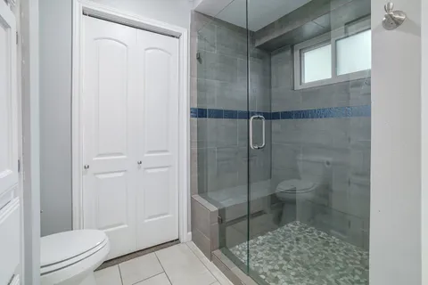 a bathroom with a shower and toilet
