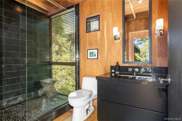 a bathroom with a sink a toilet and shower