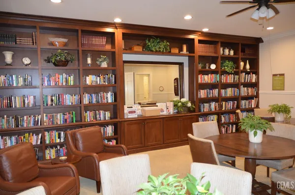 a living room with furniture a bookshelf and a potted plant