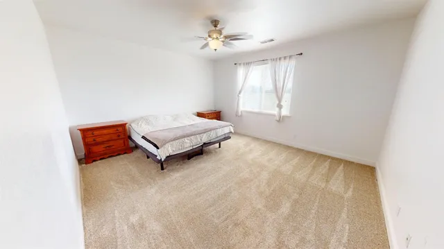 a bedroom with a bed and a ceiling fan