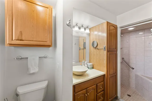 a bathroom with a granite countertop sink a toilet and shower
