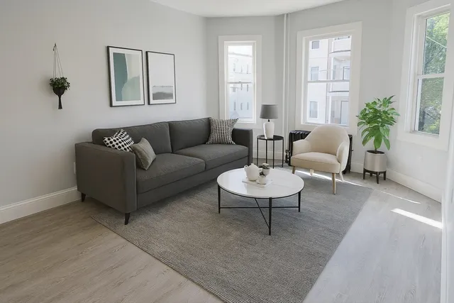 a living room with furniture and a potted plant