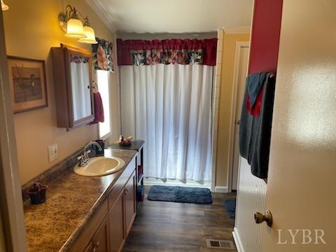 1065 Johnson Mountain Road Evington, VA 24550 - Photo 26 of 49 a bathroom with a granite countertop sink a mirror and a shower