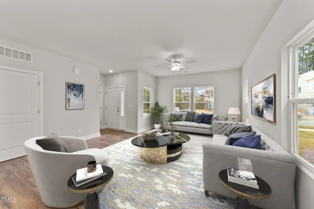 a living room with furniture and a potted plant