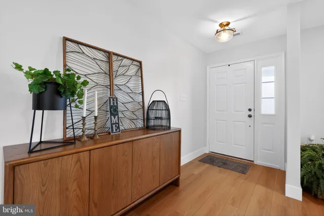 a close view of a sink a potted plant and wooden floor