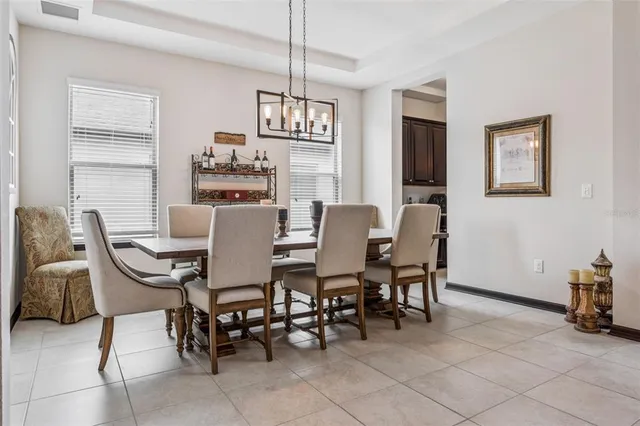 a view of a dining room with furniture window and outside view